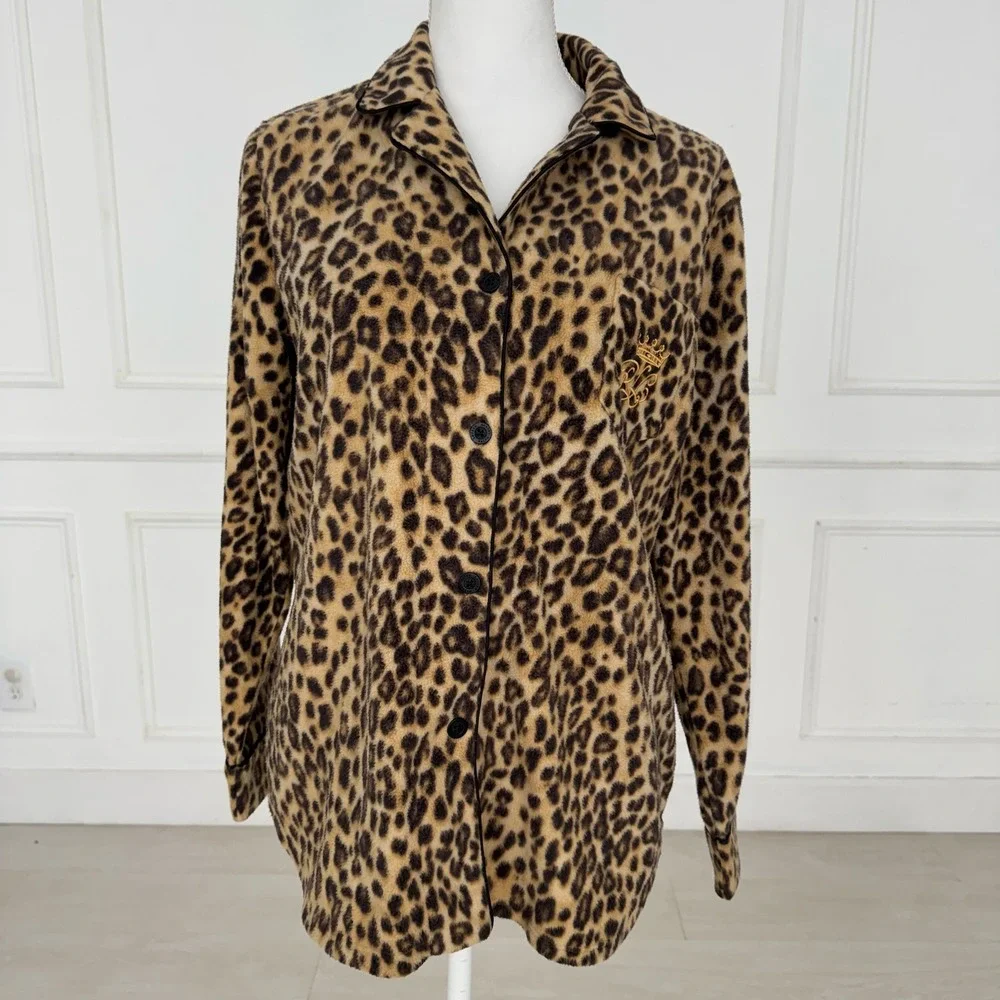 Lauren Ralph Lauren Leopard Print Fleece‎ Pajama Set Brown Tan Crest Large